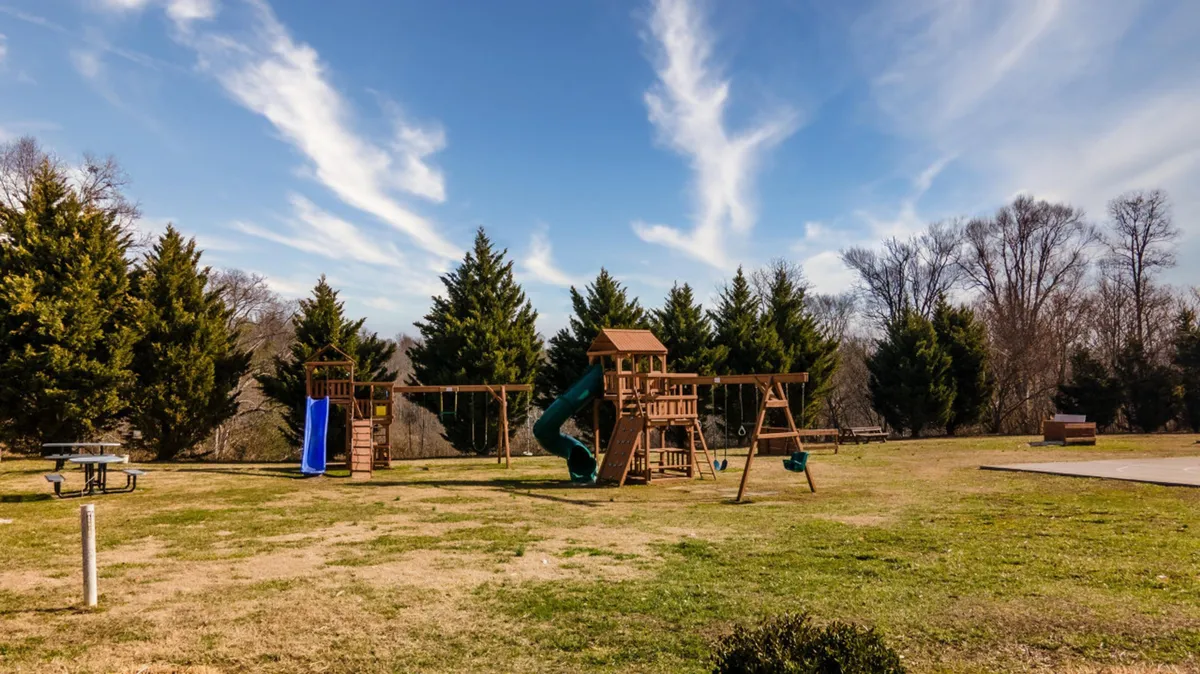 A vibrant playground set amidst green grass and trees, with a picnic table nearby. Children are playing, and families gather for picnics and socializing, all under a canopy of trees that evoke the relaxing mountain air.