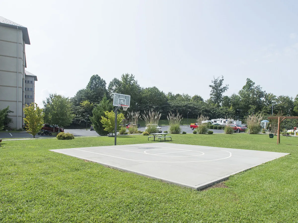 An active basketball court surrounded by greenery and a picnic table. People engage in friendly basketball games, while others relax or socialize in the shaded areas, capturing the energetic spirit of the resort's outdoor sports amenities.